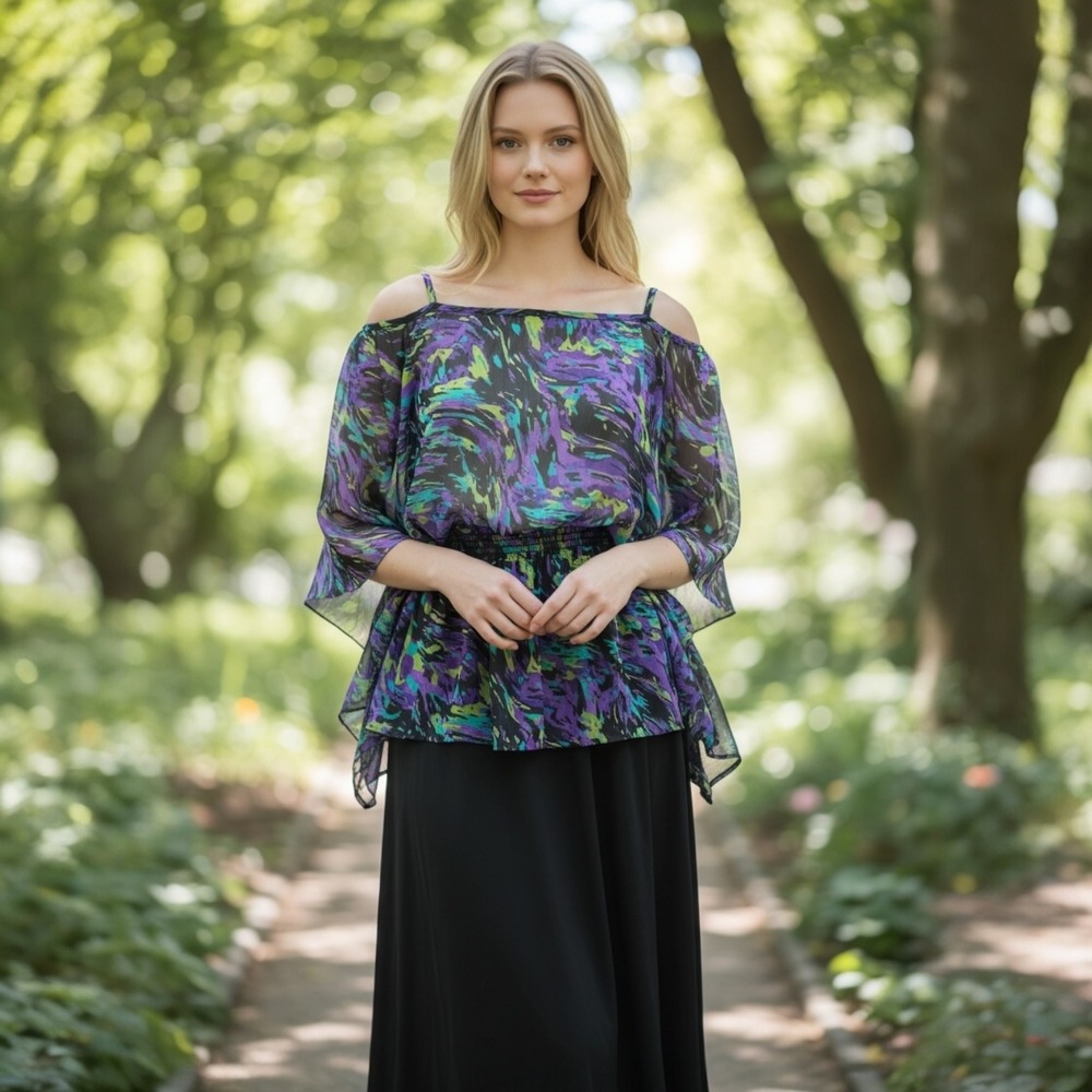 2X Purple Abstract Print Cold Shoulder Butterfly Sleeve Cinched Waist Blouse Top